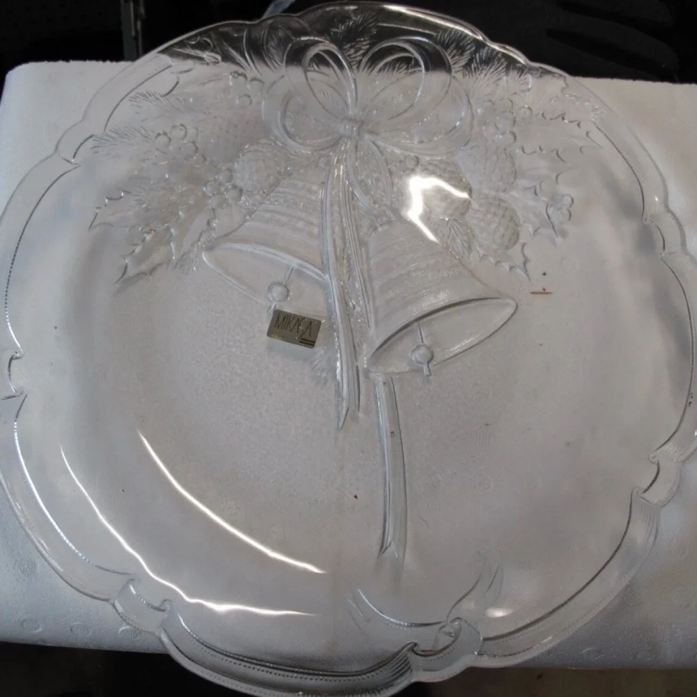 Mikasa Crystal Holiday Bells Christmas themed CANDY platter 14.75